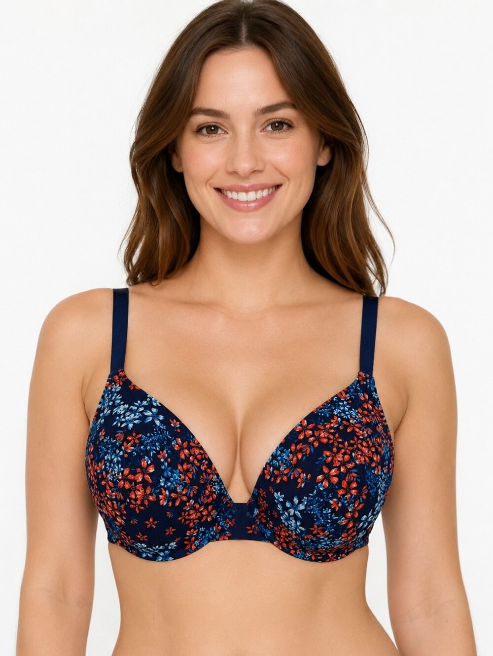 Floral Navy Underwire Bra with Blue and Coral Flowers - SIZE 44C